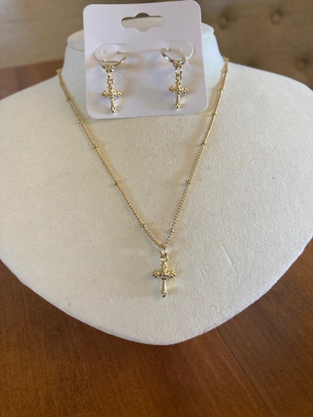 Gold Cross Pendant Necklace and Earring Set - Women Jewelry